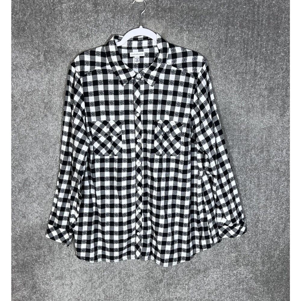 Croft & Barrow Top Womens Size 2X Black White Gingham Snowflake Button Up Tunic